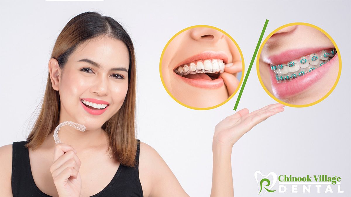 A woman pointing to photos on Invisalign and tradional braces for comparison.