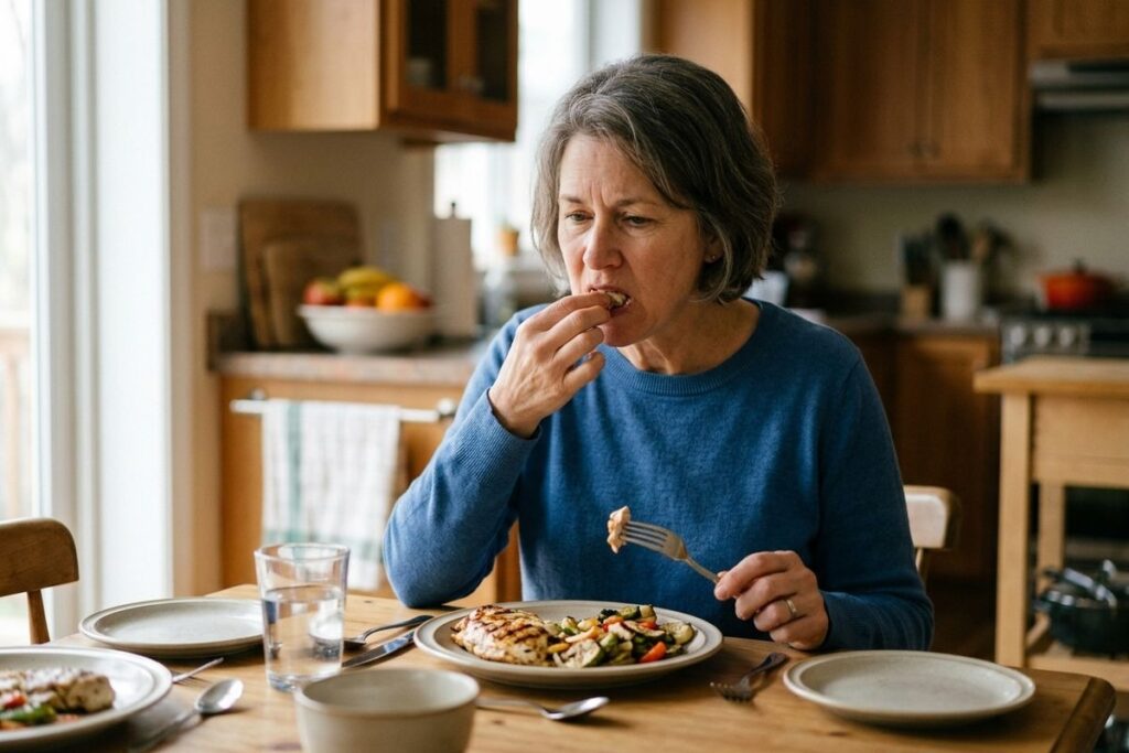 A person having difficulty chewing food due to dental discomfort.