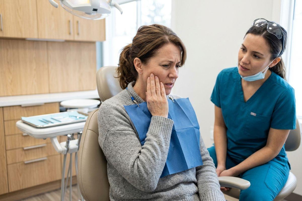 A person holding their cheek in discomfort while experiencing tooth pain.