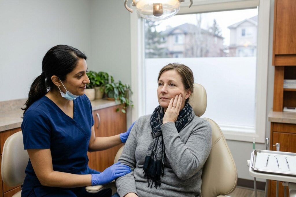 Adult holding their cheek with a pained expression from dull tooth sensitivity.