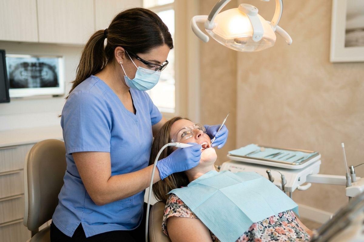 Dental professional using a scaler tool to remove plaque and tartar from an adult patient's teeth during a routine cleaning.