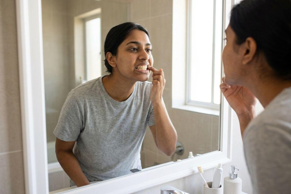 Person examining their teeth and gums in a bathroom mirror, pulling down their lower lip with a finger.