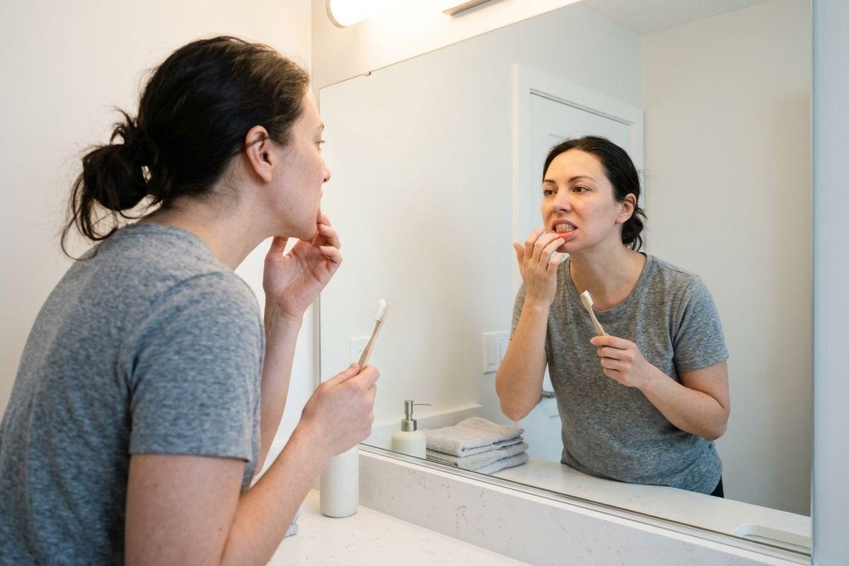 Person holding a toothbrush at a bathroom mirror, pulling down their lower lip to examine their gums in the reflection.