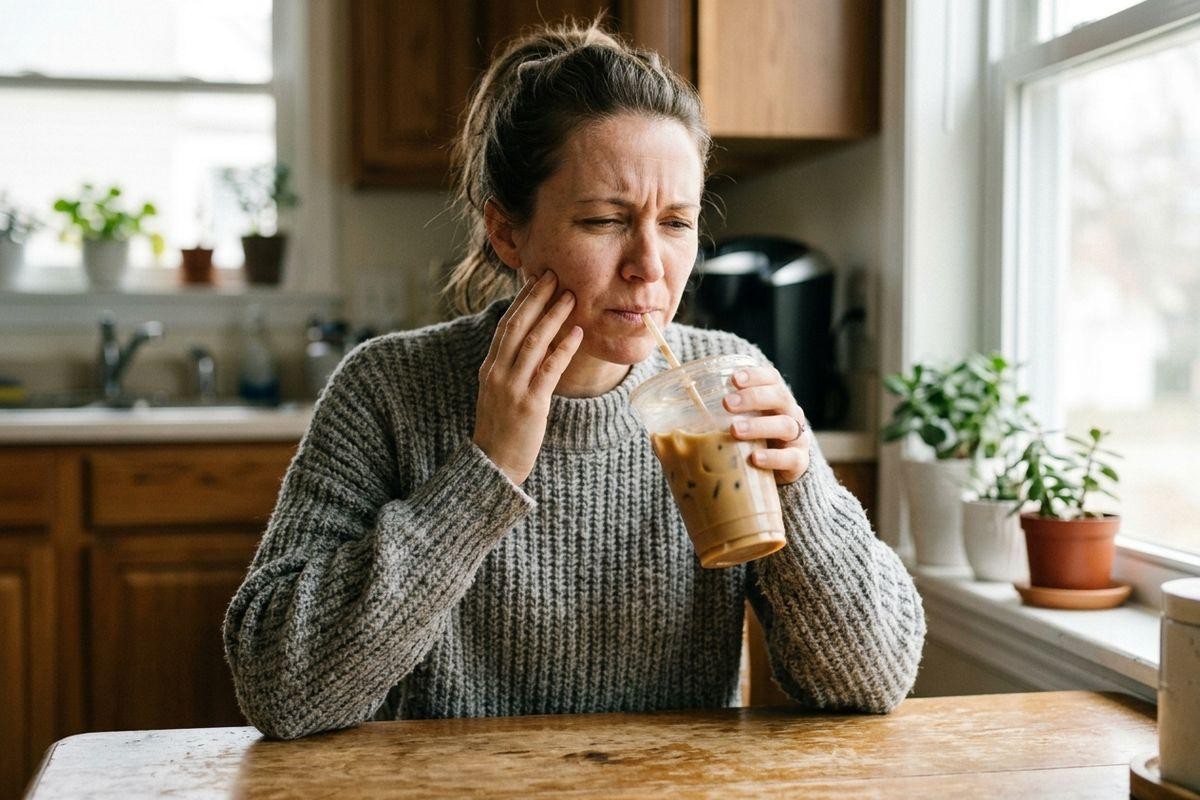 Person in a grey knit sweater sipping an iced coffee through a straw at a kitchen table, wincing and holding one hand against their cheek.